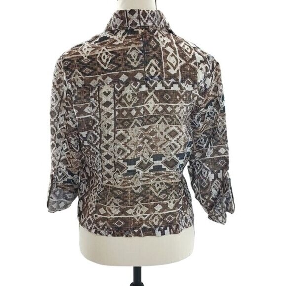 Ruby Rd. Blouse Geometric Linen Blend Semi Sheer Button Down Size 8 Petite - Picture 5 of 6